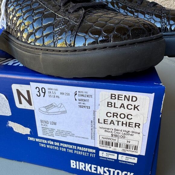 NEW Birkenstock Bend Low Croc Embossed Sneakers Womens 39EU or 8US Black Shiny - Picture 13 of 13